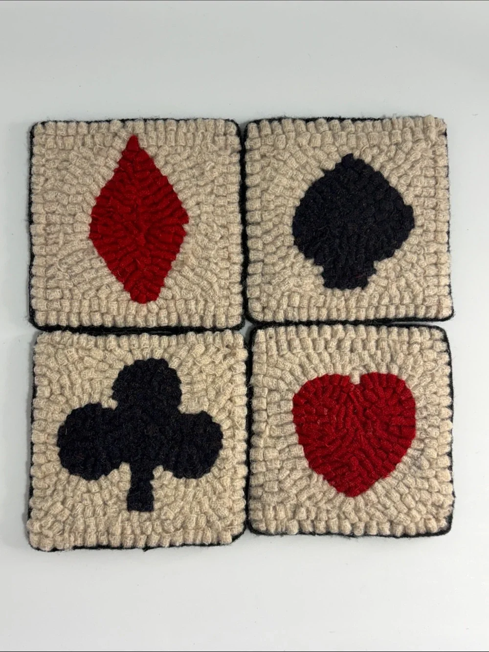 Handmade Punch Needle Rug Hook Coasters Set Playing Card Suits Poker Mug Rugs